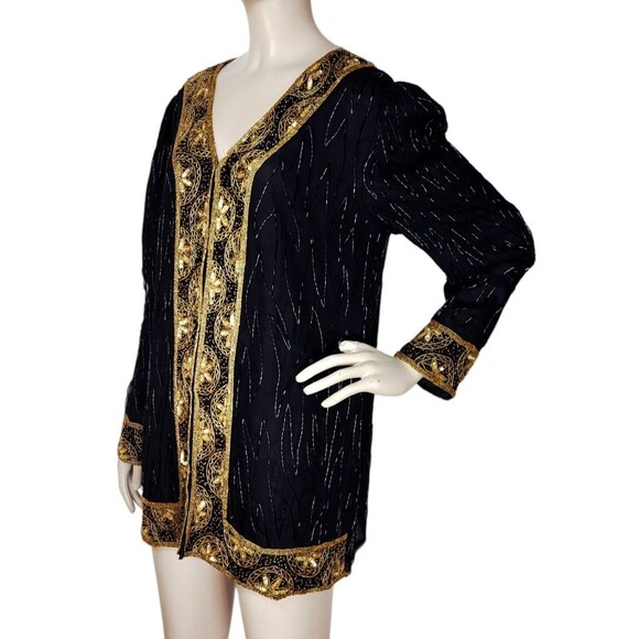 Vintage 80s 90s Royal Feelings 100% Silk Gold Beaded Sequined Jacket Size L/XL - Picture 3 of 10